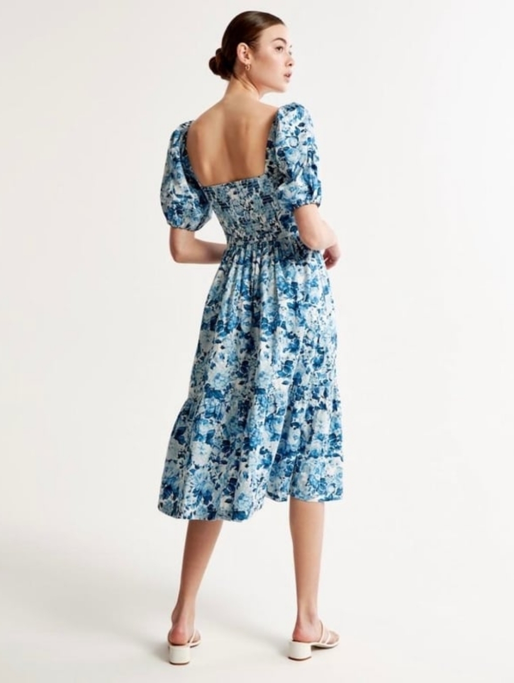 Abercrombie & Fitch Emerson Blue Floral Poplin Puff Sleeve Midi Dress Size LT - Picture 2 of 10